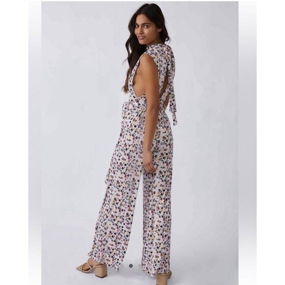 Free People Vibe Check Jumpsuit Floral Wide Leg Small Tie Waist Boho Retro C25 - Picture 6 of 16